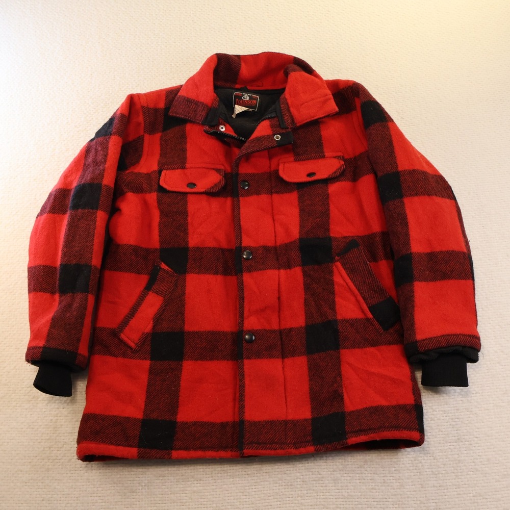 Johnson Woolen Mills Mens Size 14 Youth Coat Red Black Buffalo Plaid Wool Jacket